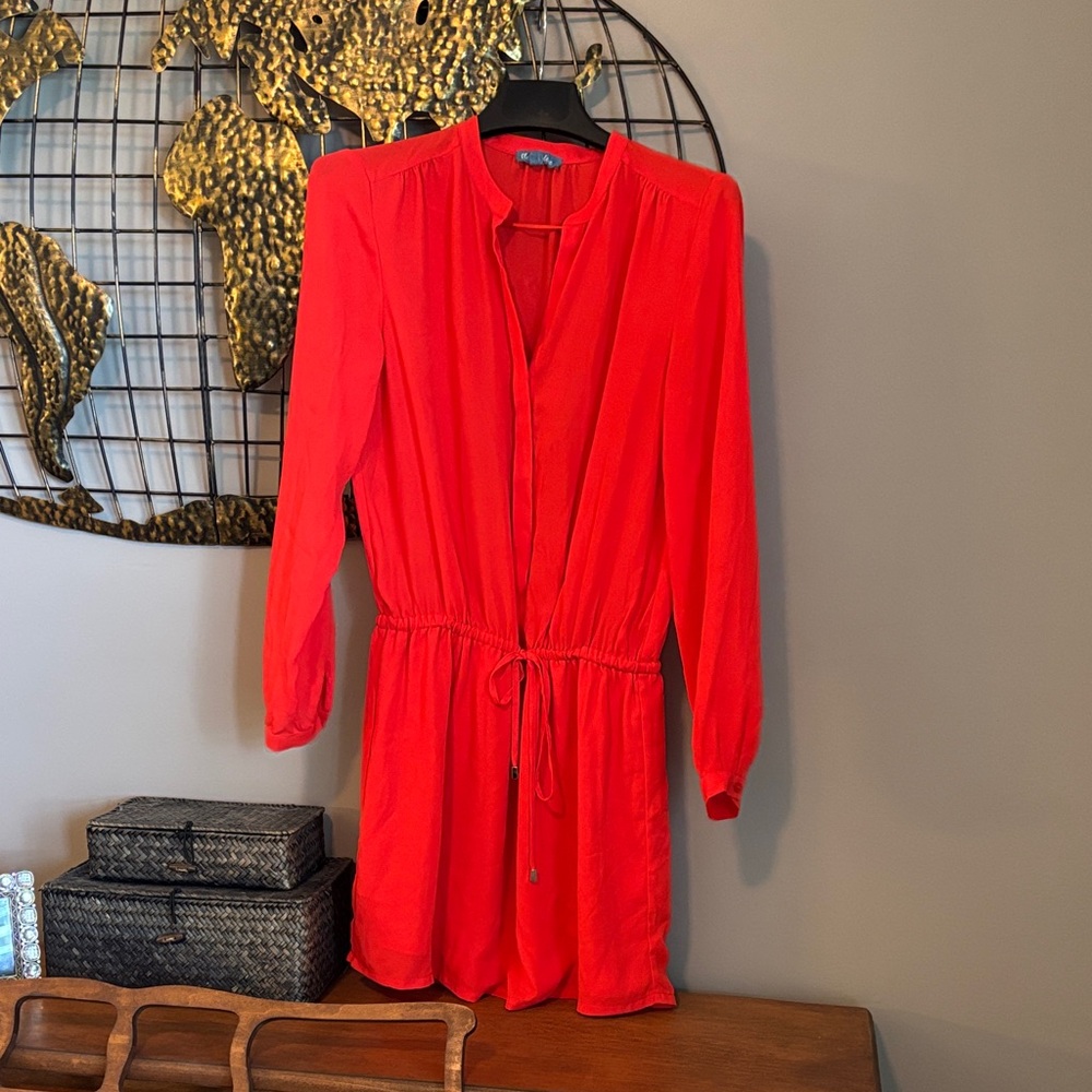 Bright orange mini Women's Drawstring Waist Long Sleeve Dress